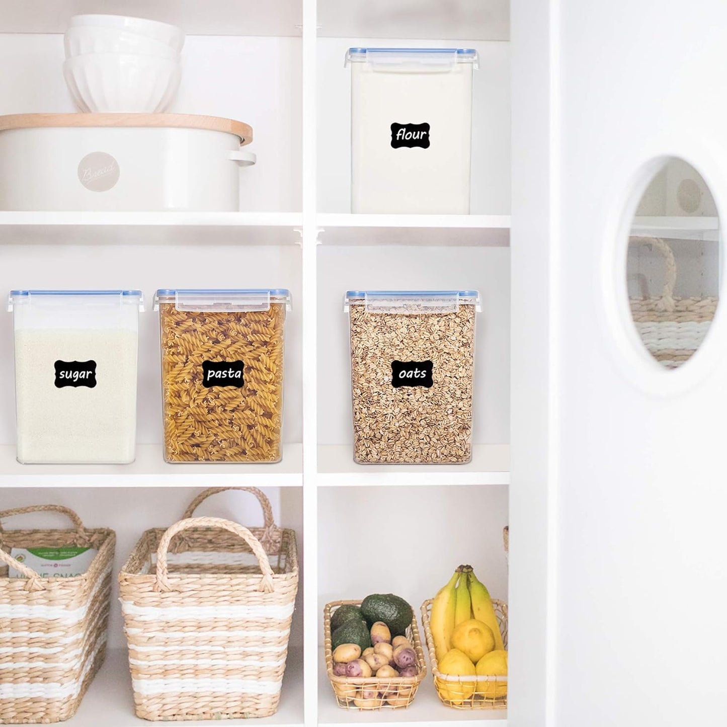 5.2L Airtight Flour and Sugar Storage Containers Set, 4 Pieces, Blue | BPA-Free Food Grade Material, Dishwasher Safe (Lids Not Included), Includes 4 Measuring Cups and 24 Labels
