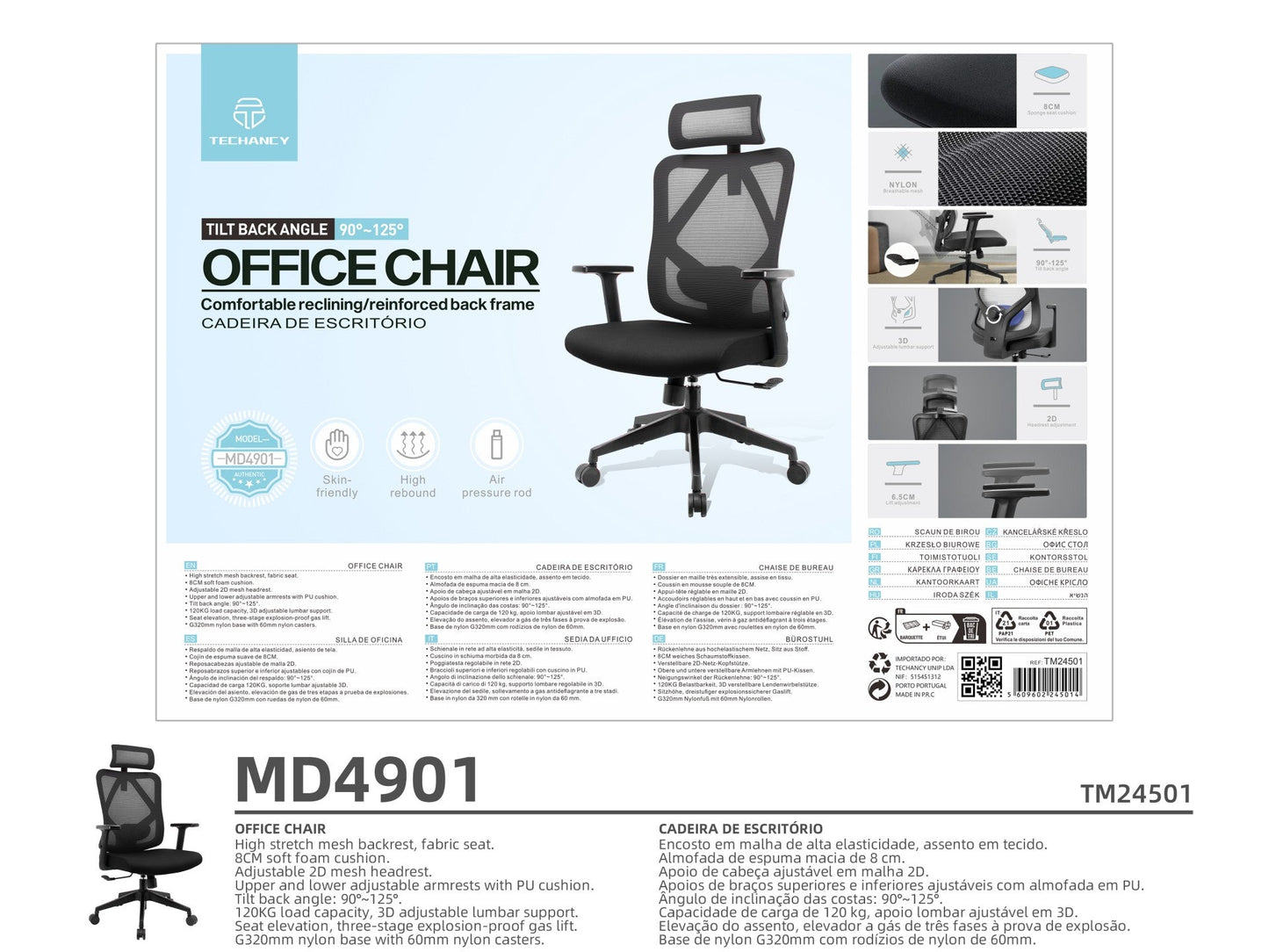 Techancy Cadeira De Escritório Para Computador Preta MD4901, Assento Em Tecido, Apoio Lombar Curvo, Ângulo Ajustável 3d,