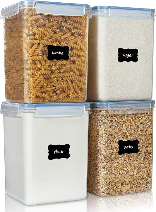 5.2L Airtight Flour and Sugar Storage Containers Set, 4 Pieces, Blue | BPA-Free Food Grade Material, Dishwasher Safe (Lids Not Included), Includes 4 Measuring Cups and 24 Labels