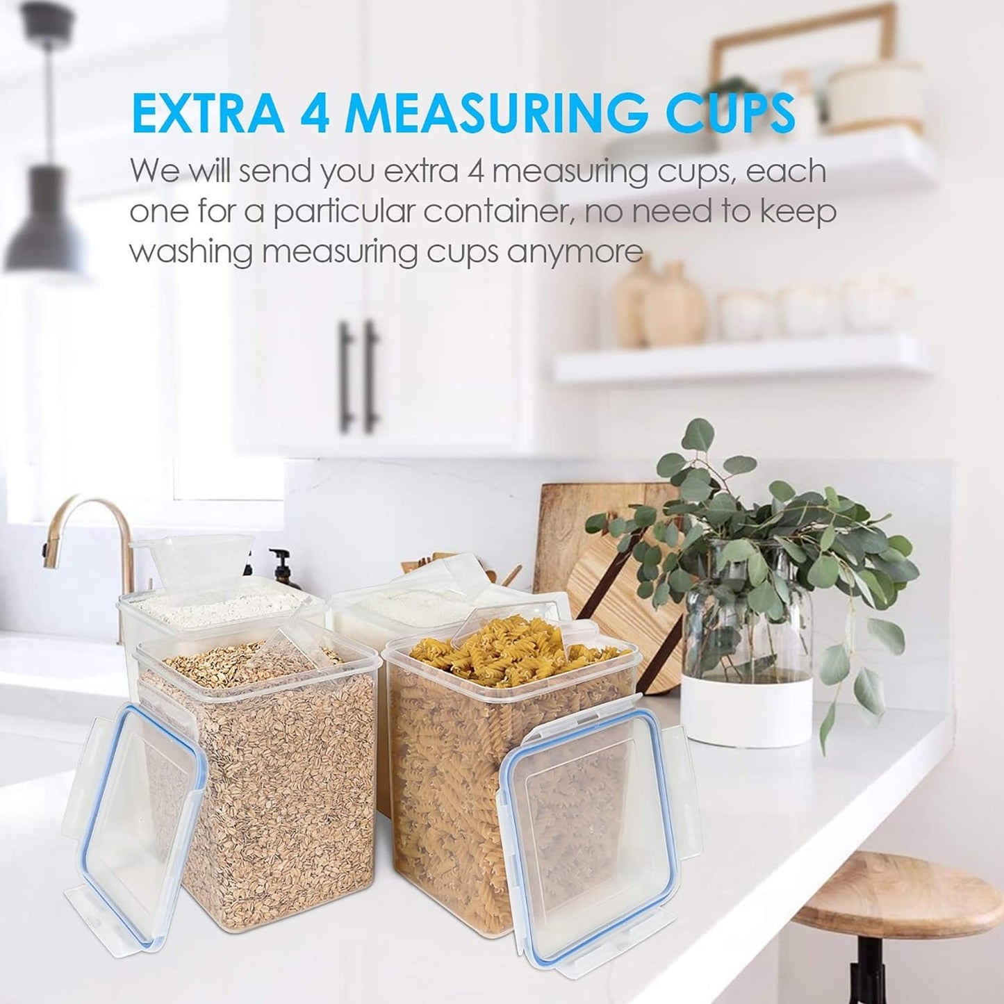5.2L Airtight Flour and Sugar Storage Containers Set, 4 Pieces, Blue | BPA-Free Food Grade Material, Dishwasher Safe (Lids Not Included), Includes 4 Measuring Cups and 24 Labels