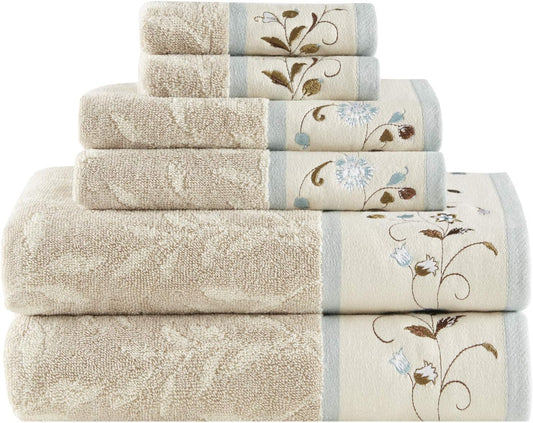 Serene 100% Cotton Bath Towel Set Luxurious Floral Decorative Towels for Bathroom Embroidered Cotton Jacquard Design Soft Highly Absorbent for Shower 600 GSM, Multi-Sizes, Blue 6 Piece | Luxurious Floral Decorative Towels for Bathroom, Embroidered Jacquard, Soft, Medium Weight and Absorbent, OEKO-TEX Certified