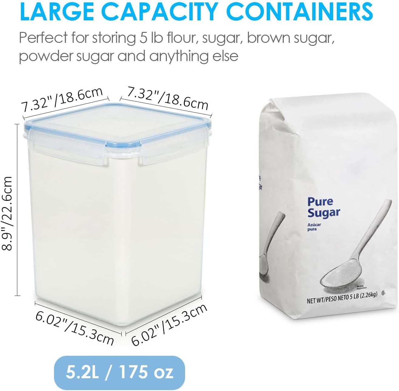 5.2L Airtight Flour and Sugar Storage Containers Set, 4 Pieces, Blue | BPA-Free Food Grade Material, Dishwasher Safe (Lids Not Included), Includes 4 Measuring Cups and 24 Labels