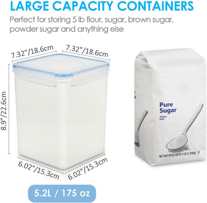 5.2L Airtight Flour and Sugar Storage Containers Set, 4 Pieces, Blue | BPA-Free Food Grade Material, Dishwasher Safe (Lids Not Included), Includes 4 Measuring Cups and 24 Labels