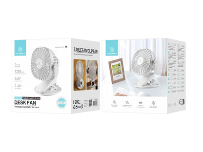 Techancy Ventoinha De Encaixe Branca KL7305 Para Utilização Na Secretária E No Automóvel, Bateria Interna, Carregamento Usb